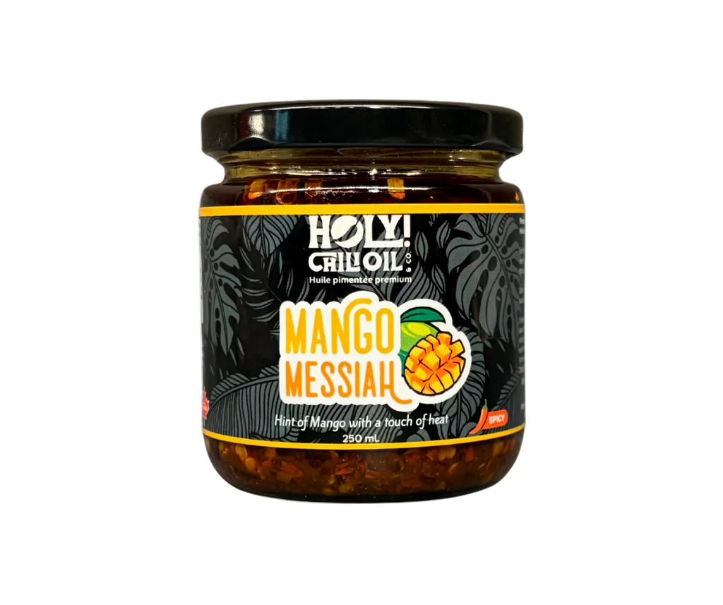 A jar of Mango Messiah Chili Oil by HOLY! Chili Oil & Co., a tropical and spicy blend featuring mango powder, Puya peppers, and aromatic spices.